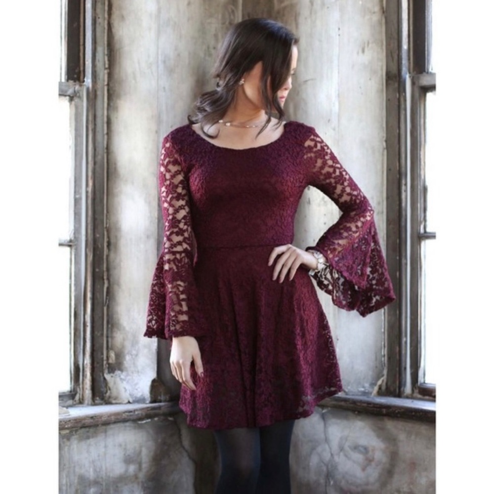 Altar’d State Low Back Lace Dress w/ Bell Sleeves